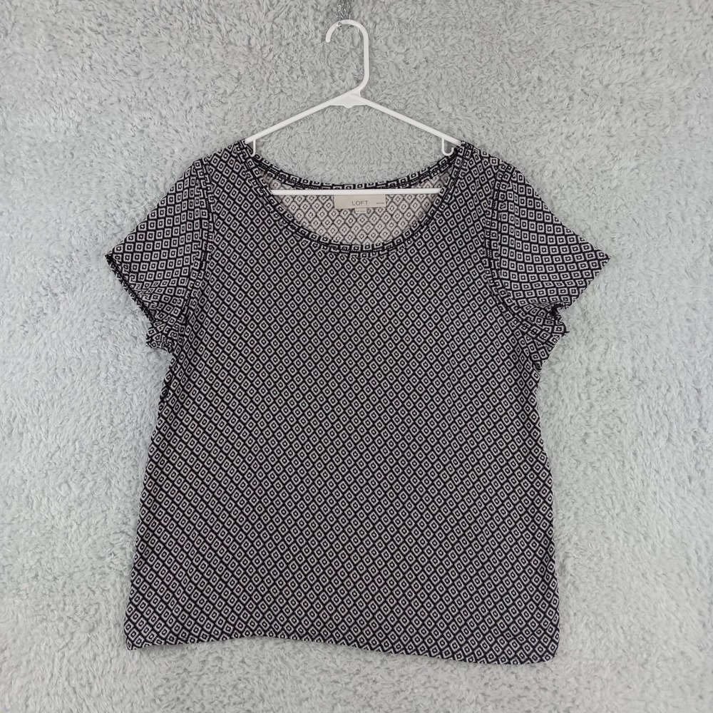 LOFT Petites Black White Geometric Diamond Mixed‎ Media Blouse Top LP 338848